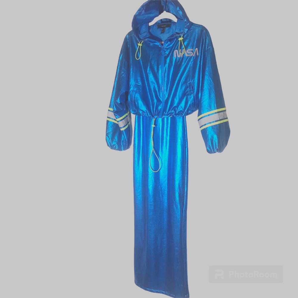 Y2k Blue metallic Space Hottie sexy wet latex look maxi dress NASA crop hoodie